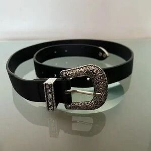 Japanese vintage floral engraved buckle leather black belt